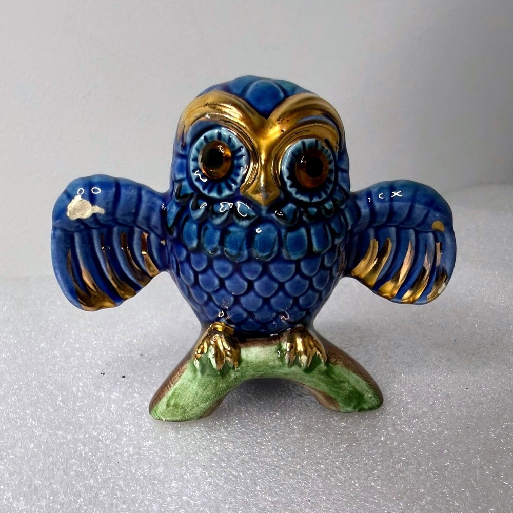 Vintage Cobalt Blue Glazed Ceramic Owl Figurine Gold Gilt E-6084 4 inch
